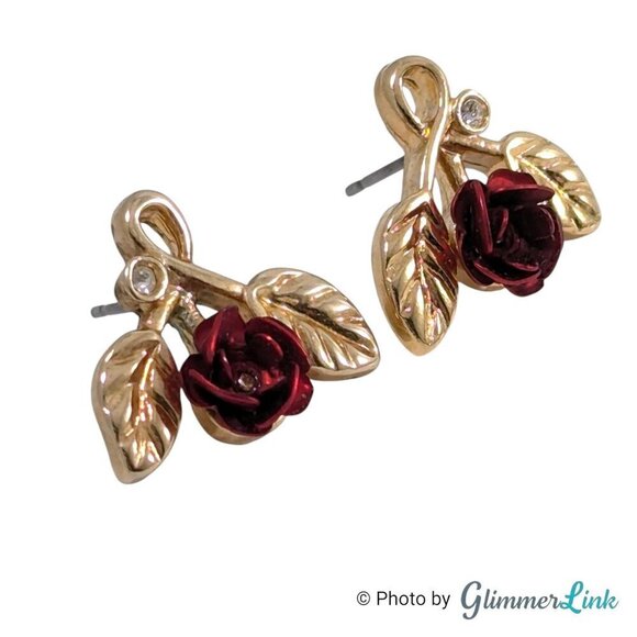 Vintage Red Enamel Rose Double Leaf Gold Tone Stud Pierced Earrings - Picture 2 of 9